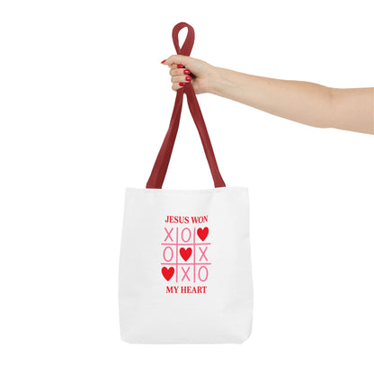 Tote Bag — "Jesus Won My Heart" Christian Scripture Heart Tic‑Tac‑Toe Design