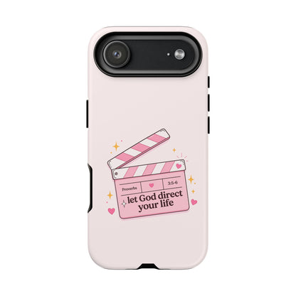 Pink Christian Phone Case — "Let God Direct Your Life" Cute Movie Clapper Design
