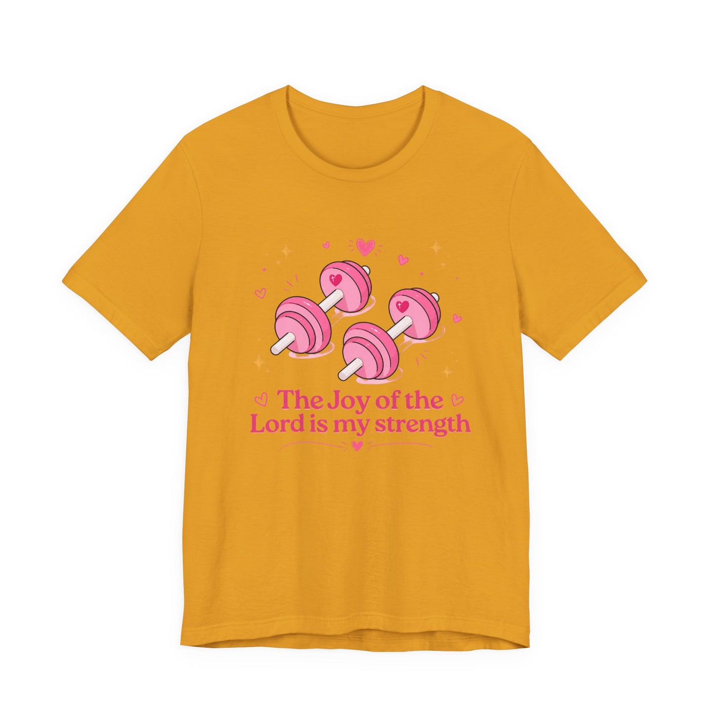 Christian Fitness T-Shirt — “The Joy of the Lord is My Strength” Pink Dumbbells Tee