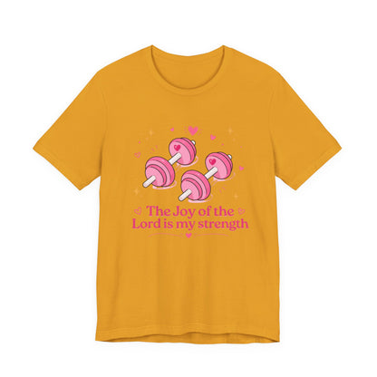 Christian Fitness T-Shirt — “The Joy of the Lord is My Strength” Pink Dumbbells Tee
