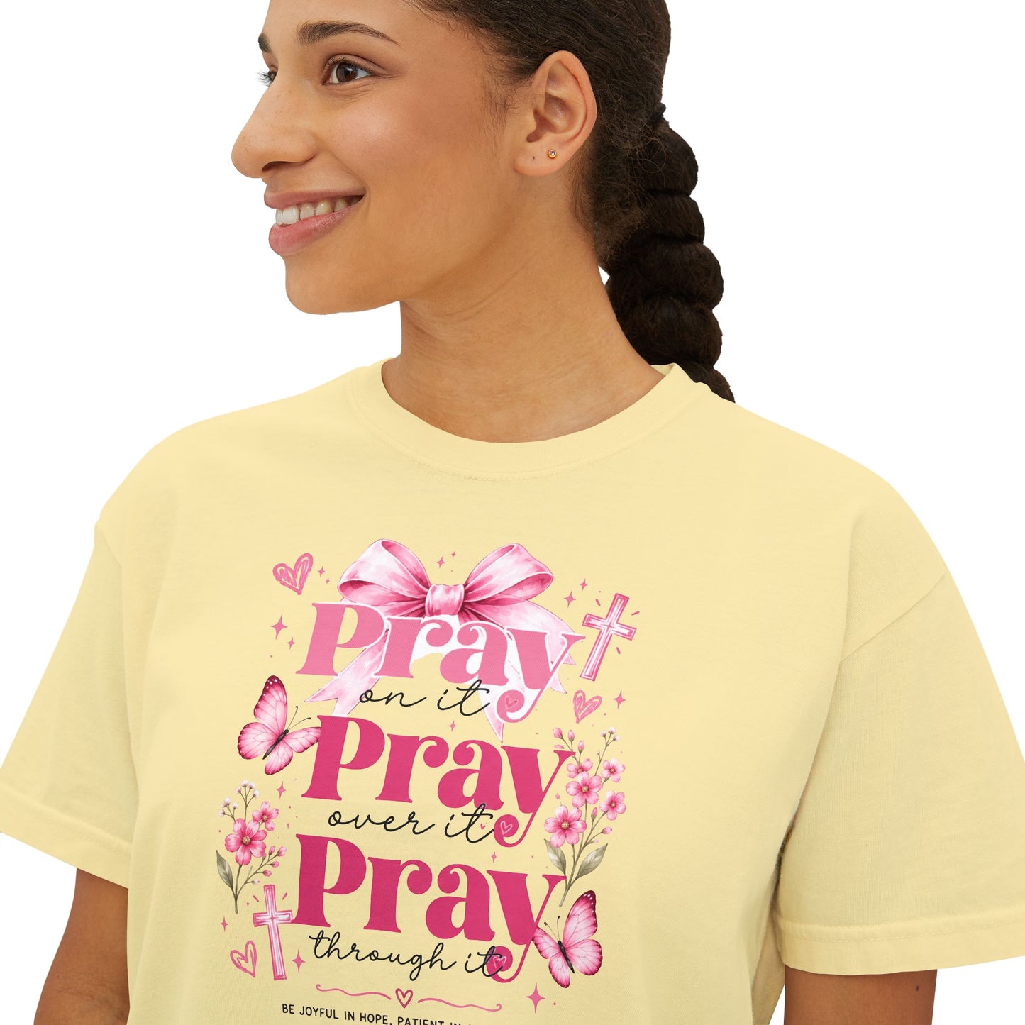 Pray Pray Pray Women's Boxy Tee — Pink Faith Floral Graphic