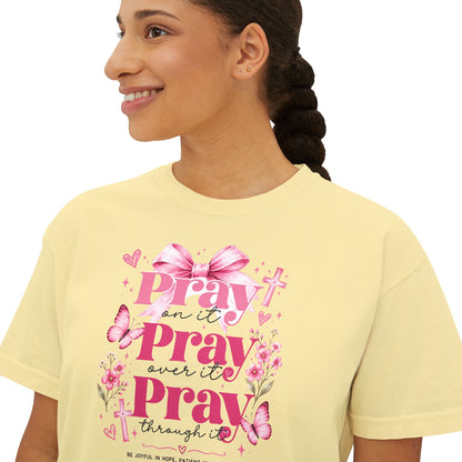 Pray Pray Pray Women's Boxy Tee — Pink Faith Floral Graphic