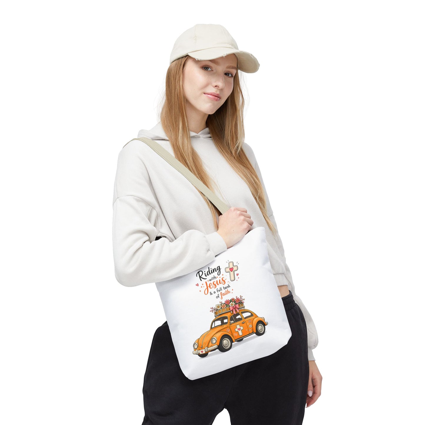 Christian Tote Bag — “Riding with Jesus” Floral Beetle Illustration