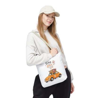 Christian Tote Bag — “Riding with Jesus” Floral Beetle Illustration