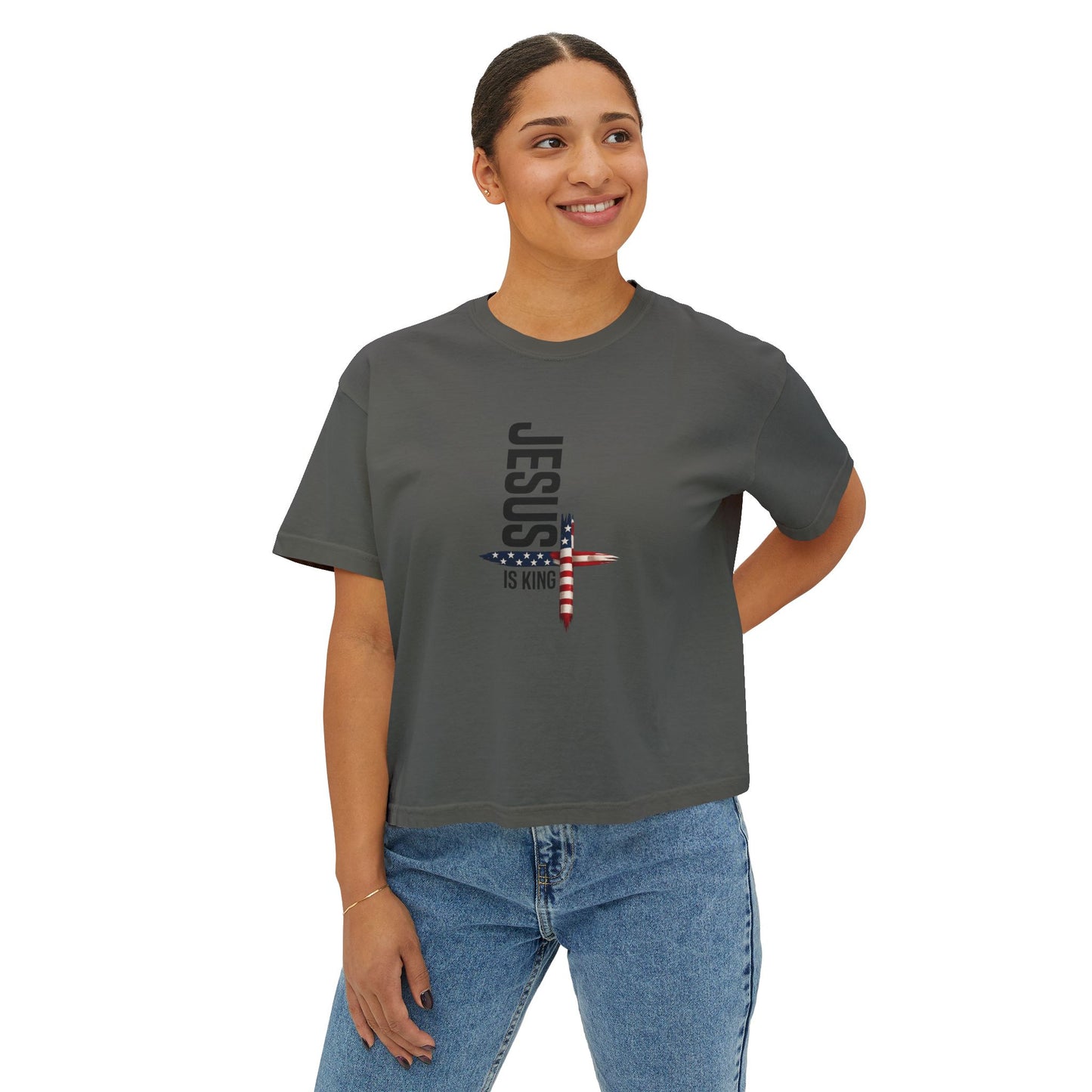 Jesus Is King American Flag Cross Women's Boxy Tee