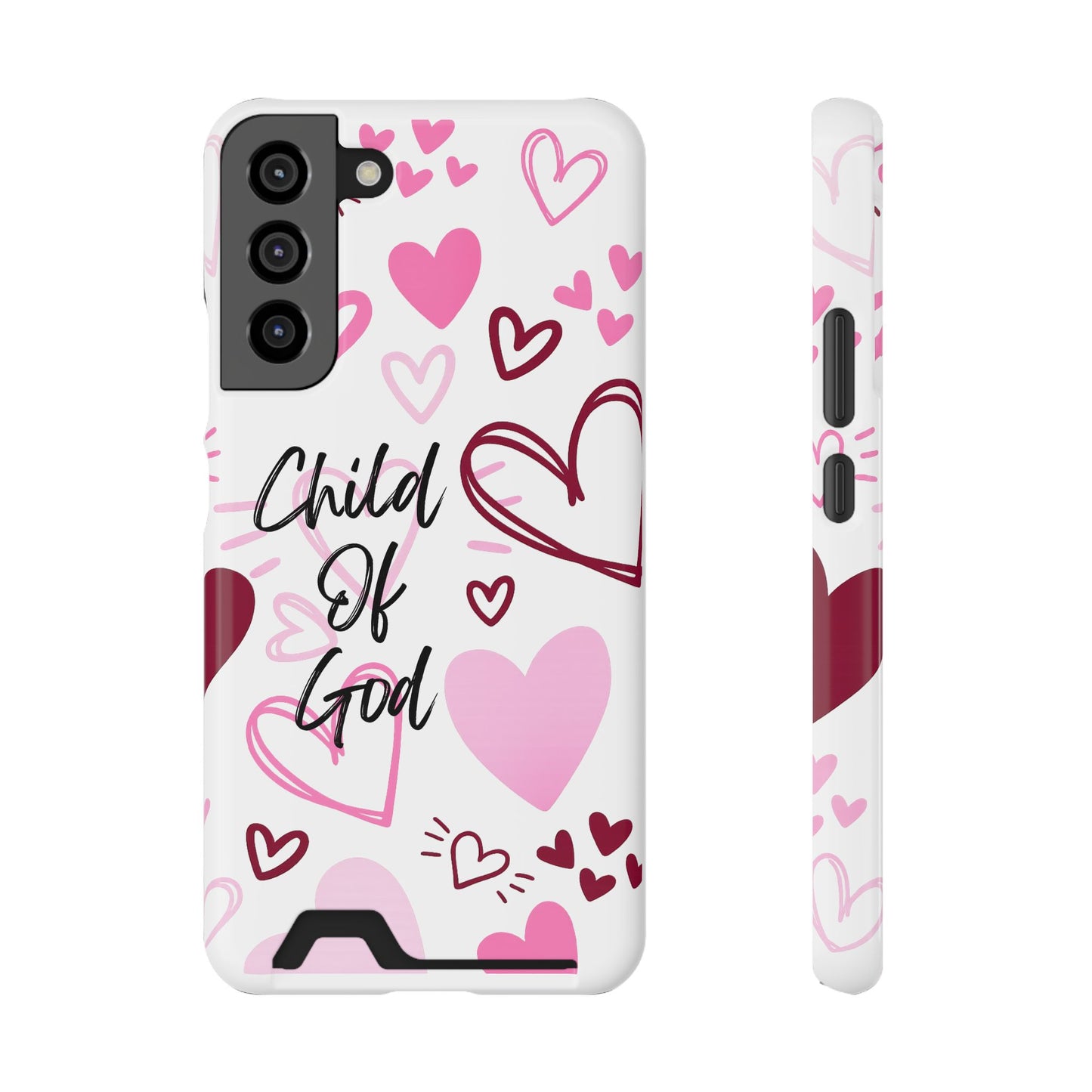 Phone Case — "Child of God" Card Holder Case, Pink Hearts Christian Phone Cover