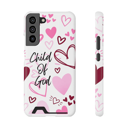 Phone Case — "Child of God" Card Holder Case, Pink Hearts Christian Phone Cover