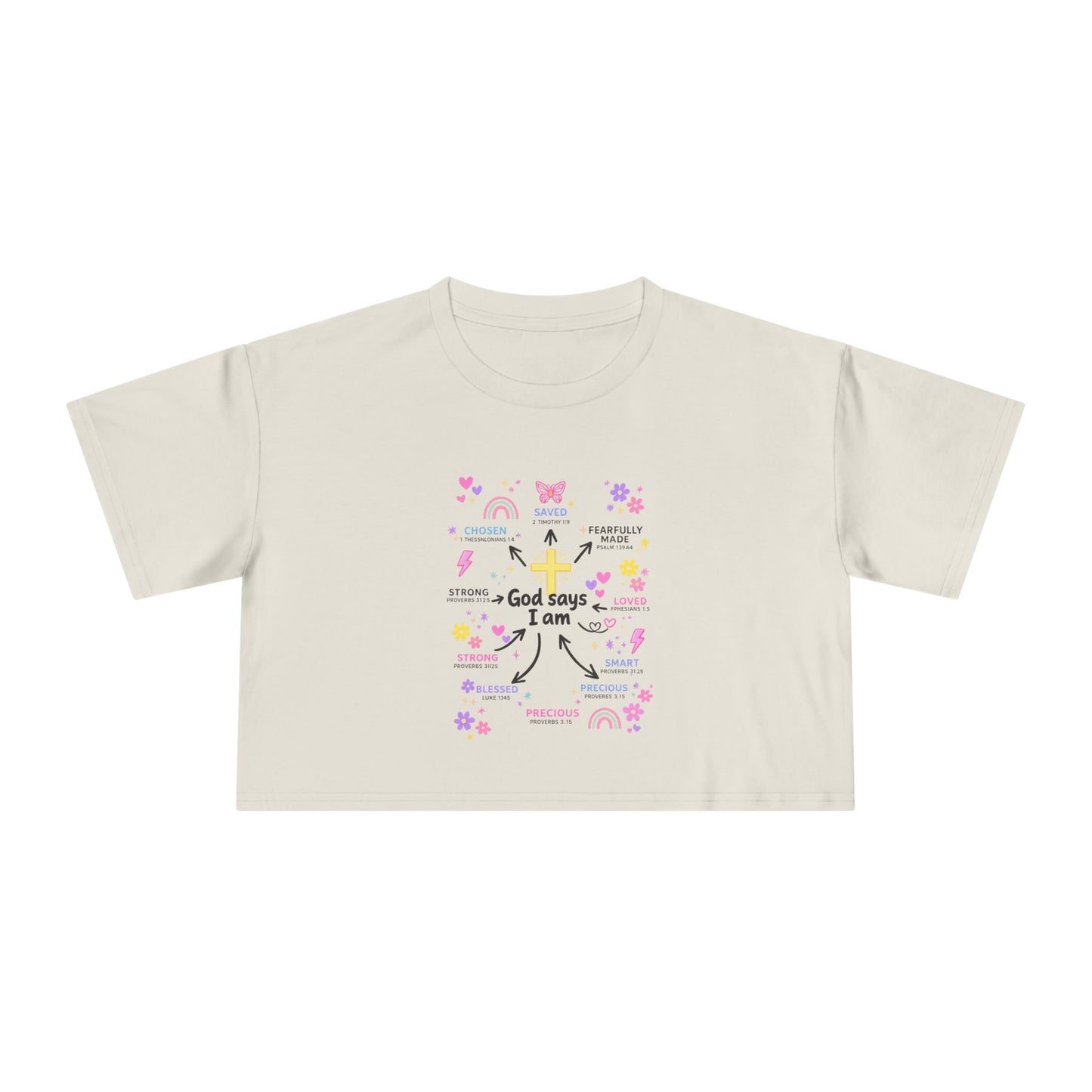 God Says I Am Floral Crop Tee — Christian Inspirational Women's Top