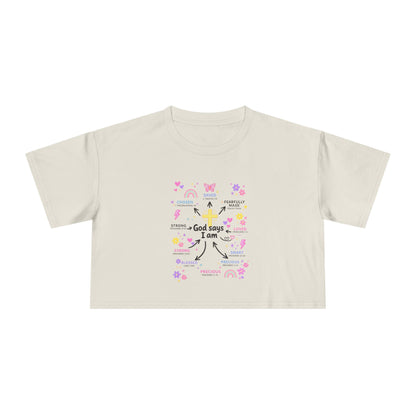 God Says I Am Floral Crop Tee — Christian Inspirational Women's Top