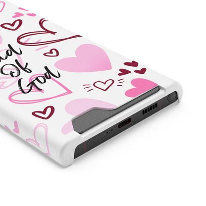 Phone Case — "Child of God" Card Holder Case, Pink Hearts Christian Phone Cover