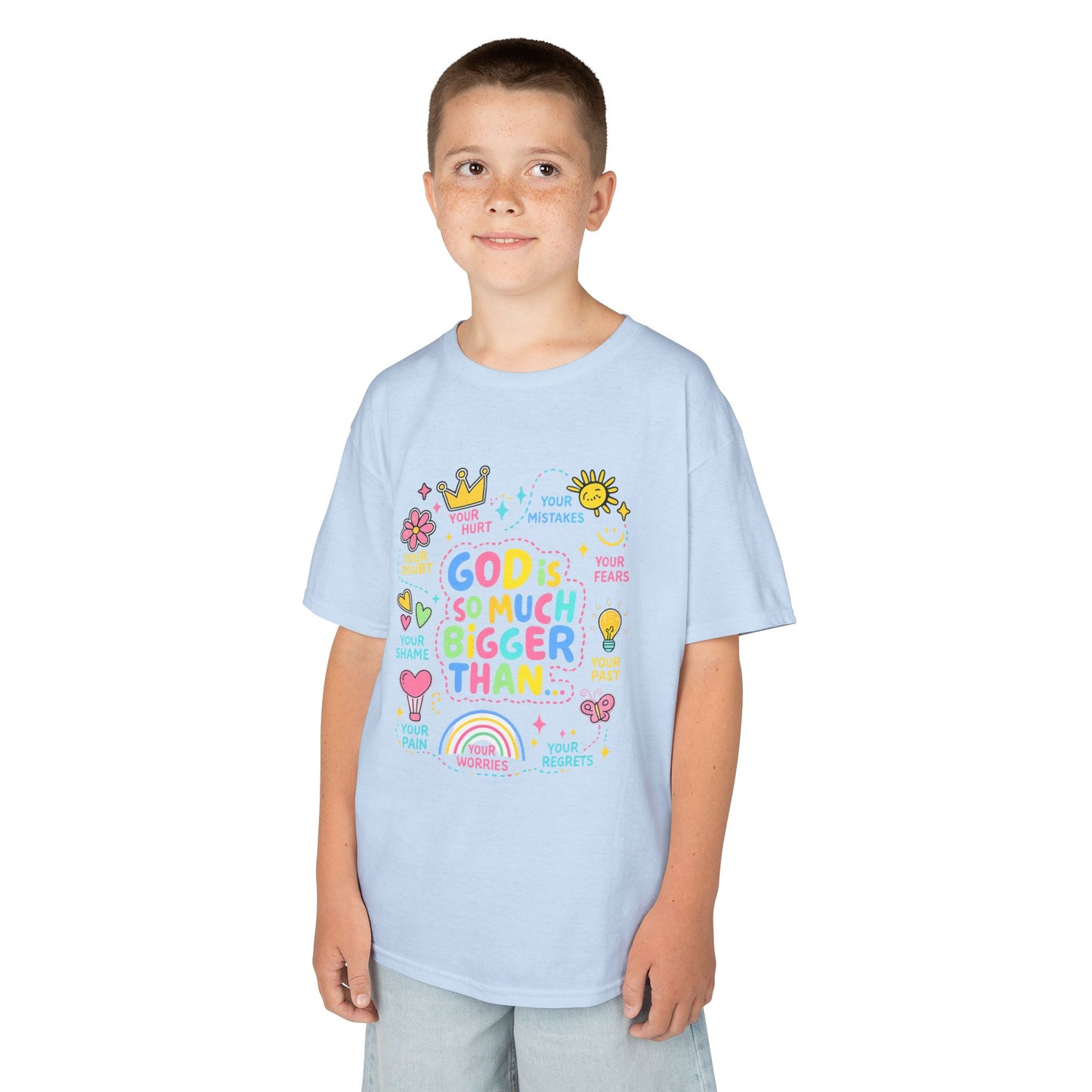 UNISEX Kids Tee — "God Is So Much Bigger Than" Colorful Faith Graphic