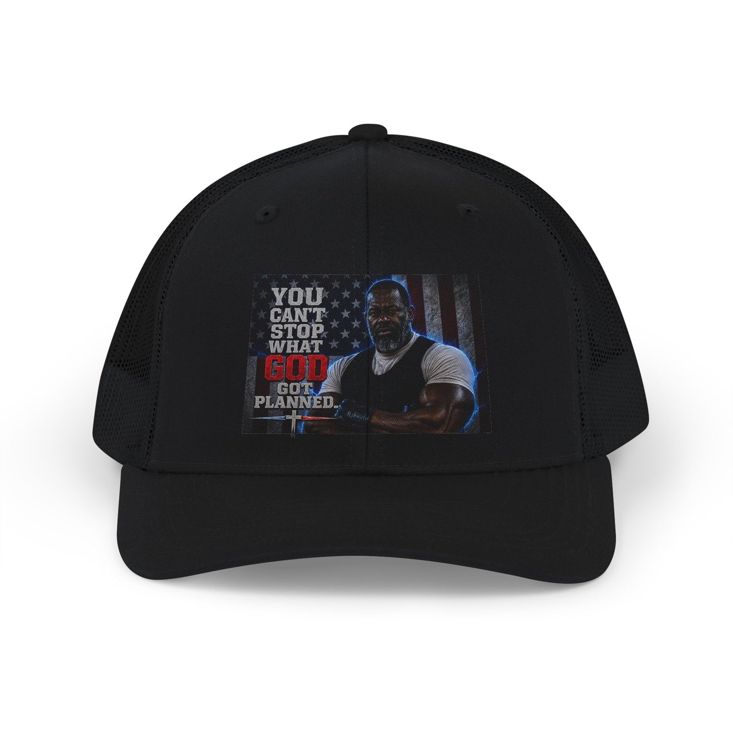 Men's Trucker Cap – "You Can't Stop What God Got Planned" Inspirational Patch Snapback