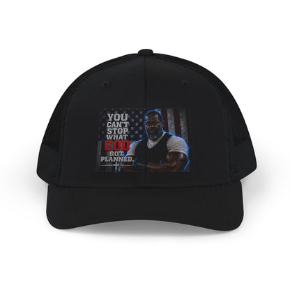 Men's Trucker Cap – "You Can't Stop What God Got Planned" Inspirational Patch Snapback