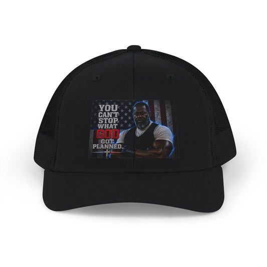 Men's Trucker Cap – "You Can't Stop What God Got Planned" Inspirational Patch Snapback
