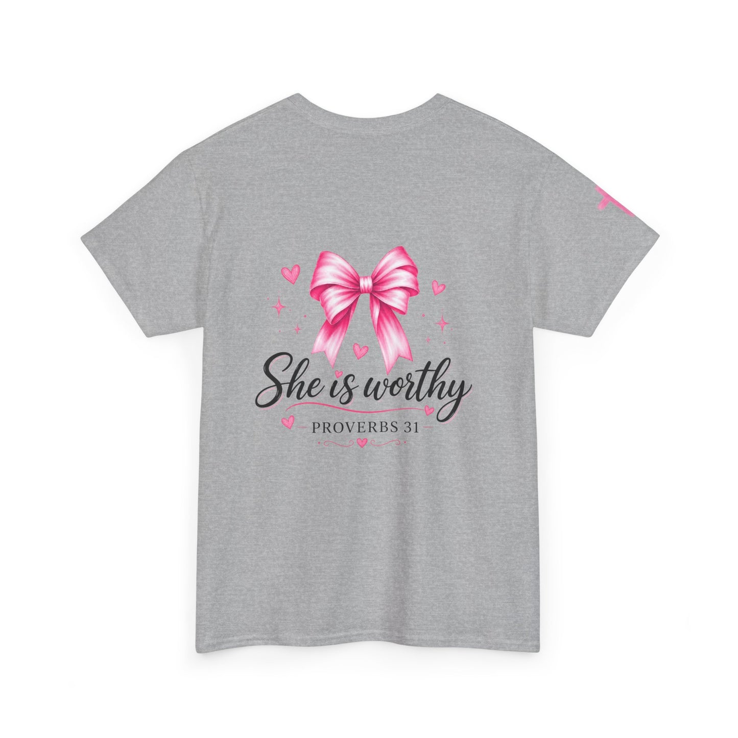 She Is Worthy T-Shirt — "I Know Jesus Loves Me" Pink Bow Christian Tee (Proverbs 31)