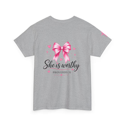 She Is Worthy T-Shirt — "I Know Jesus Loves Me" Pink Bow Christian Tee (Proverbs 31)