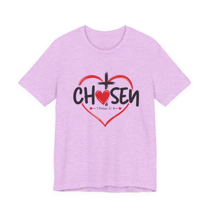 Chosen Heart Christian T-Shirt — "Chosen" with Cross & 1 Peter 2:9 Faith Tee