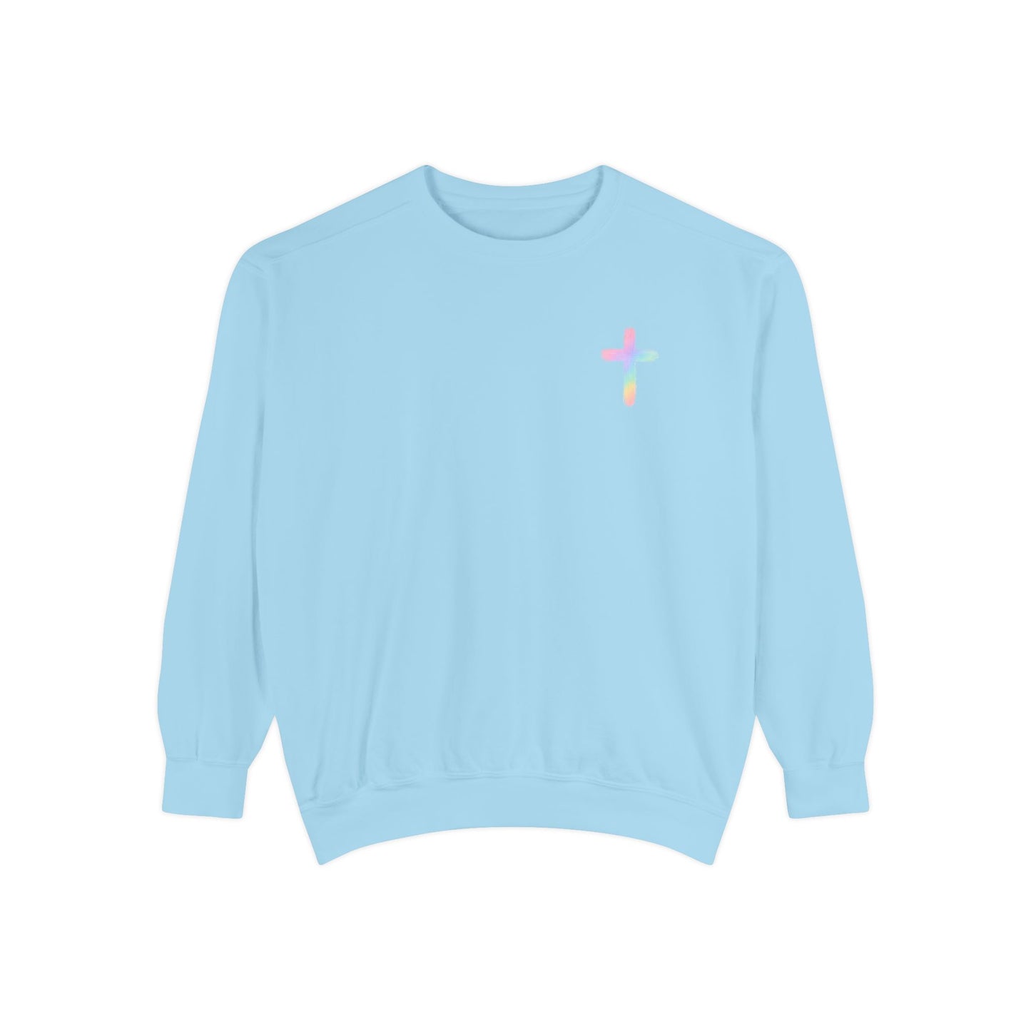 Christian Cross Sweatshirt — Pink Faith Message Garment-Dyed Crewneck