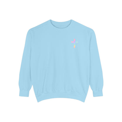 Christian Cross Sweatshirt — Pink Faith Message Garment-Dyed Crewneck