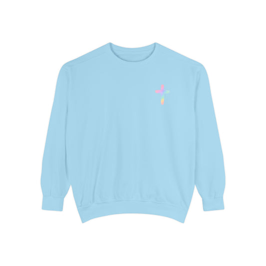 Christian Cross Sweatshirt — Pink Faith Message Garment-Dyed Crewneck
