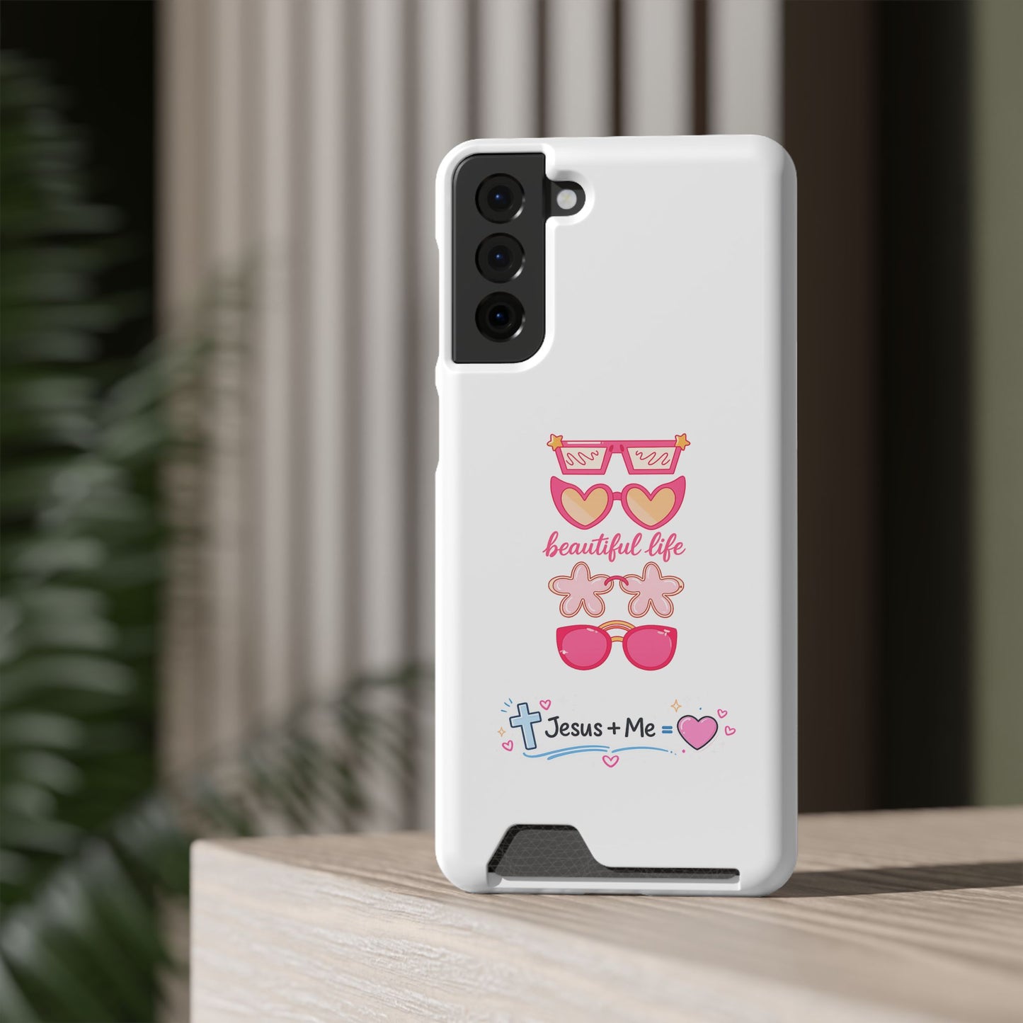 Jesus + Me Phone Card Case — "Beautiful Life" Pink Sunglasses Christian Wallet Case