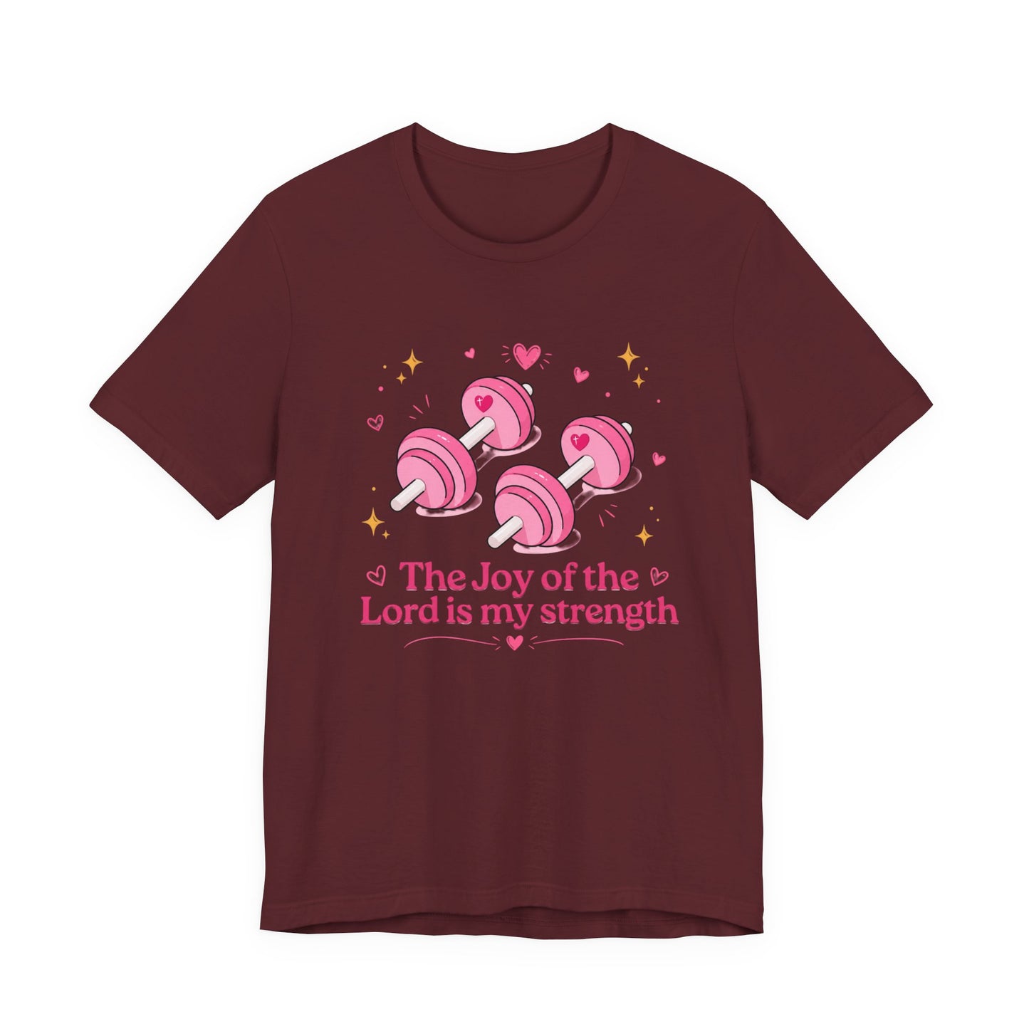 Christian Fitness T-Shirt — “The Joy of the Lord is My Strength” Pink Dumbbells Tee