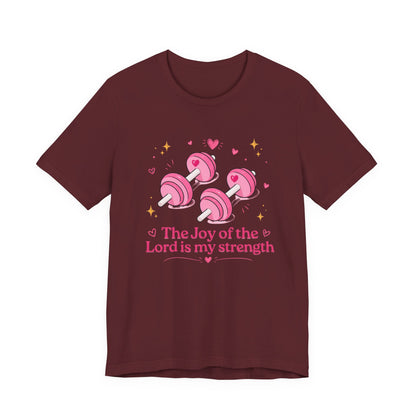 Christian Fitness T-Shirt — “The Joy of the Lord is My Strength” Pink Dumbbells Tee