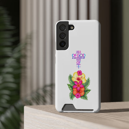 Phone Case with Card Holder — Floral Cross Design: "I Am a Child of God, A Woman of Faith"