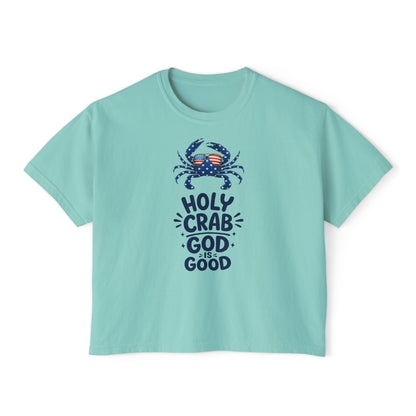Women’s Boxy Tee — ‘Holy Crab, God Is Good’ Nautical Christian Tee