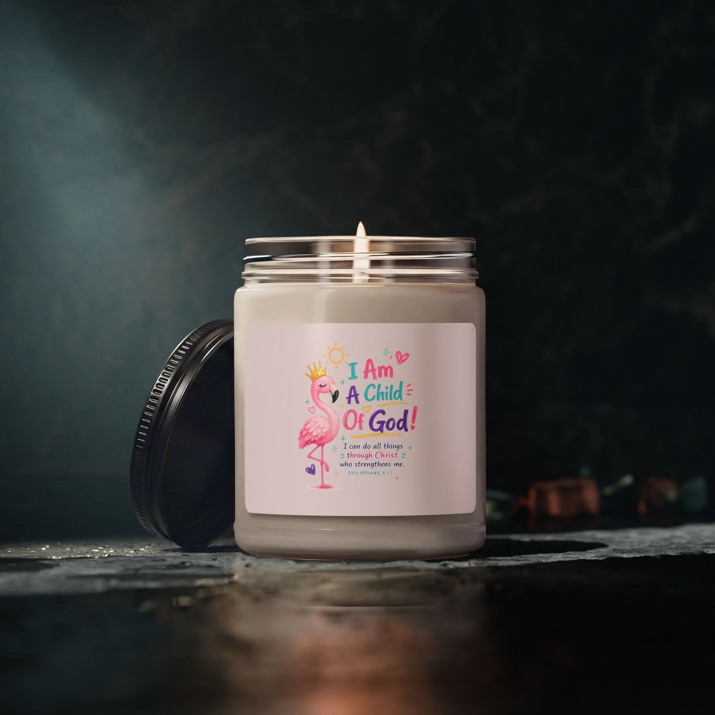 Child of God Soy Candle — 9oz Scented Jar with Flamingo Design