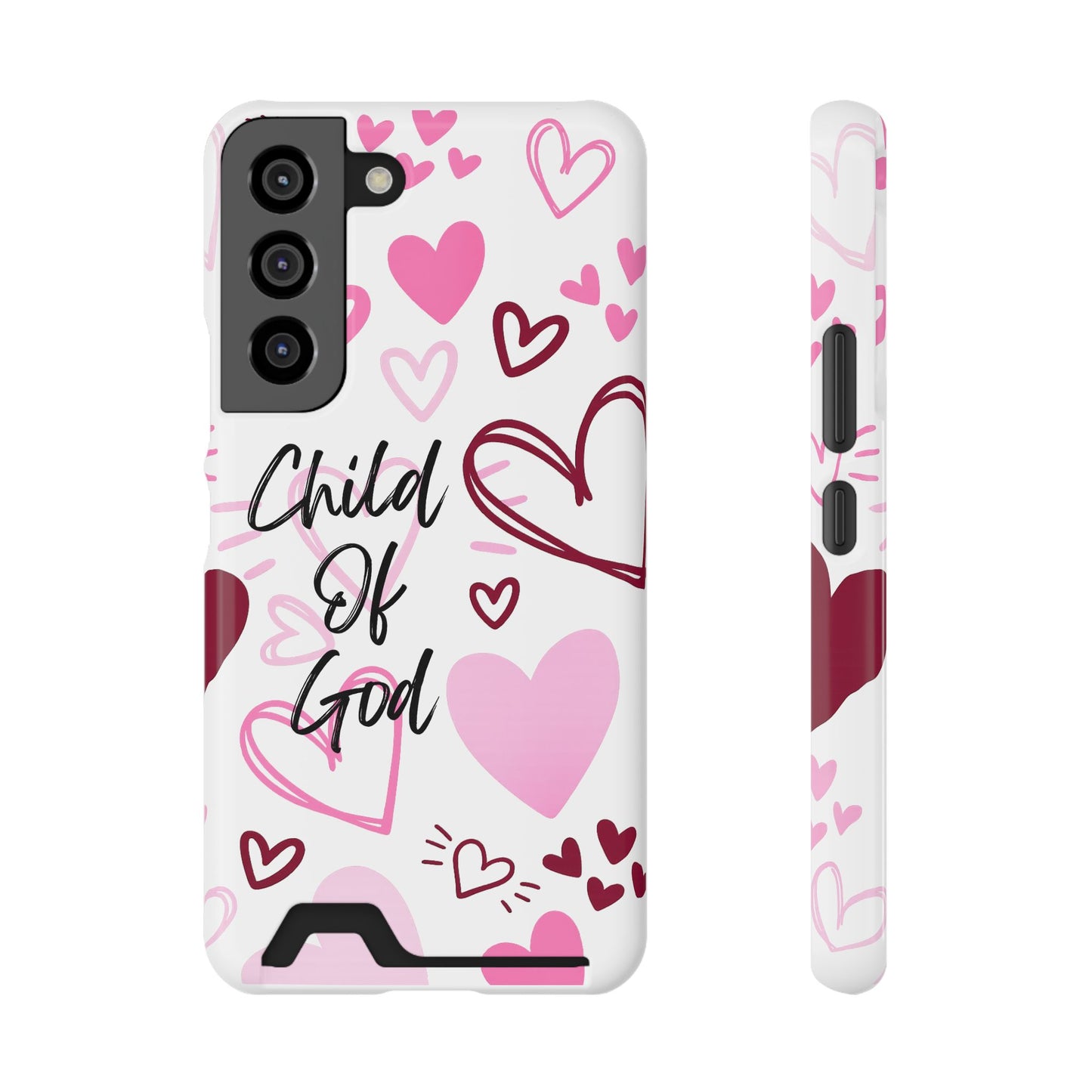 Phone Case — "Child of God" Card Holder Case, Pink Hearts Christian Phone Cover