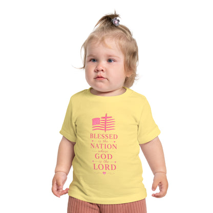 Baby T-Shirt — Pink Christian Faith Design: “Blessed is the Nation” & Heart Alarm “God’s Timing is Perfect”
