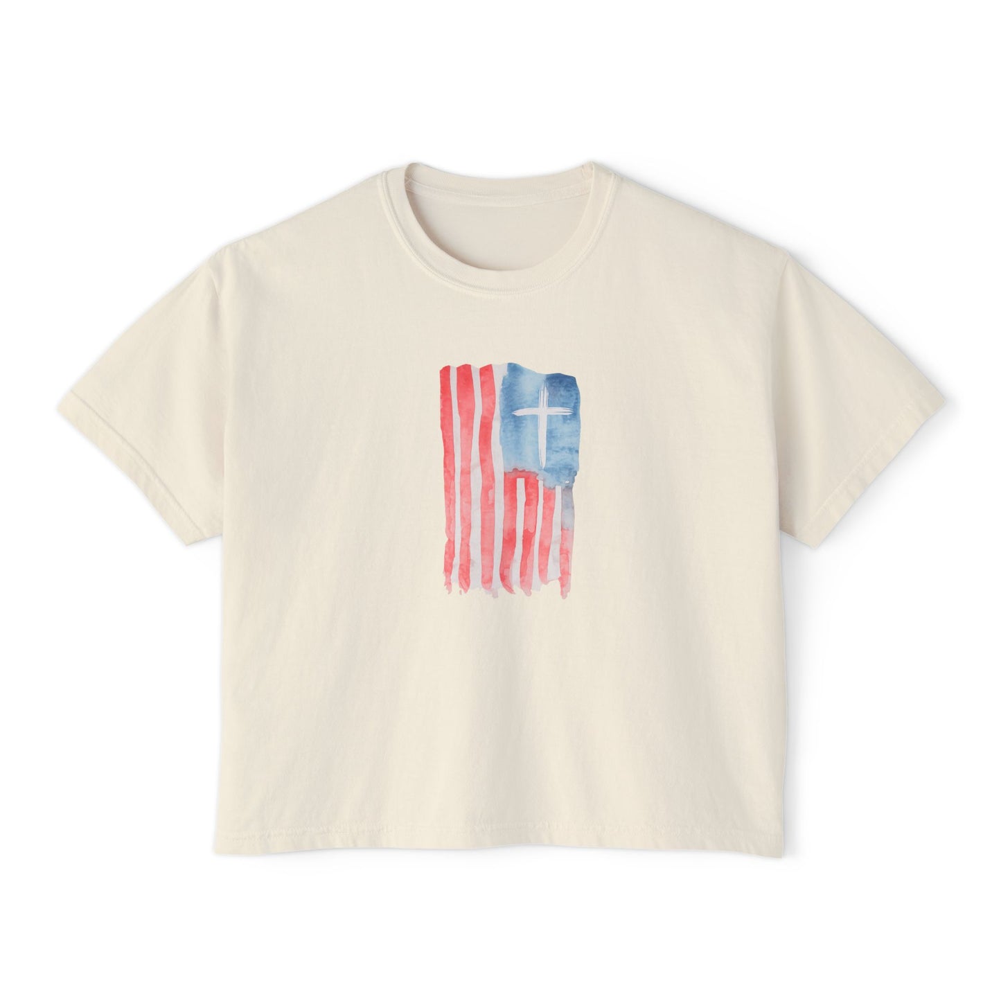 Blessed Tee — Women’s Boxy Christian T-Shirt with Flag Cross (Psalm 33:12)