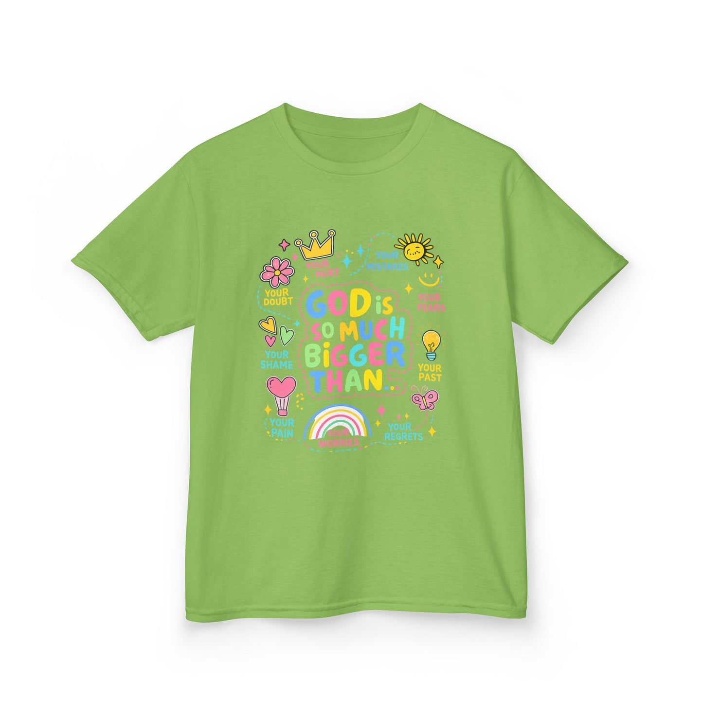 UNISEX Kids Tee — "God Is So Much Bigger Than" Colorful Faith Graphic