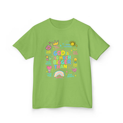 UNISEX Kids Tee — "God Is So Much Bigger Than" Colorful Faith Graphic