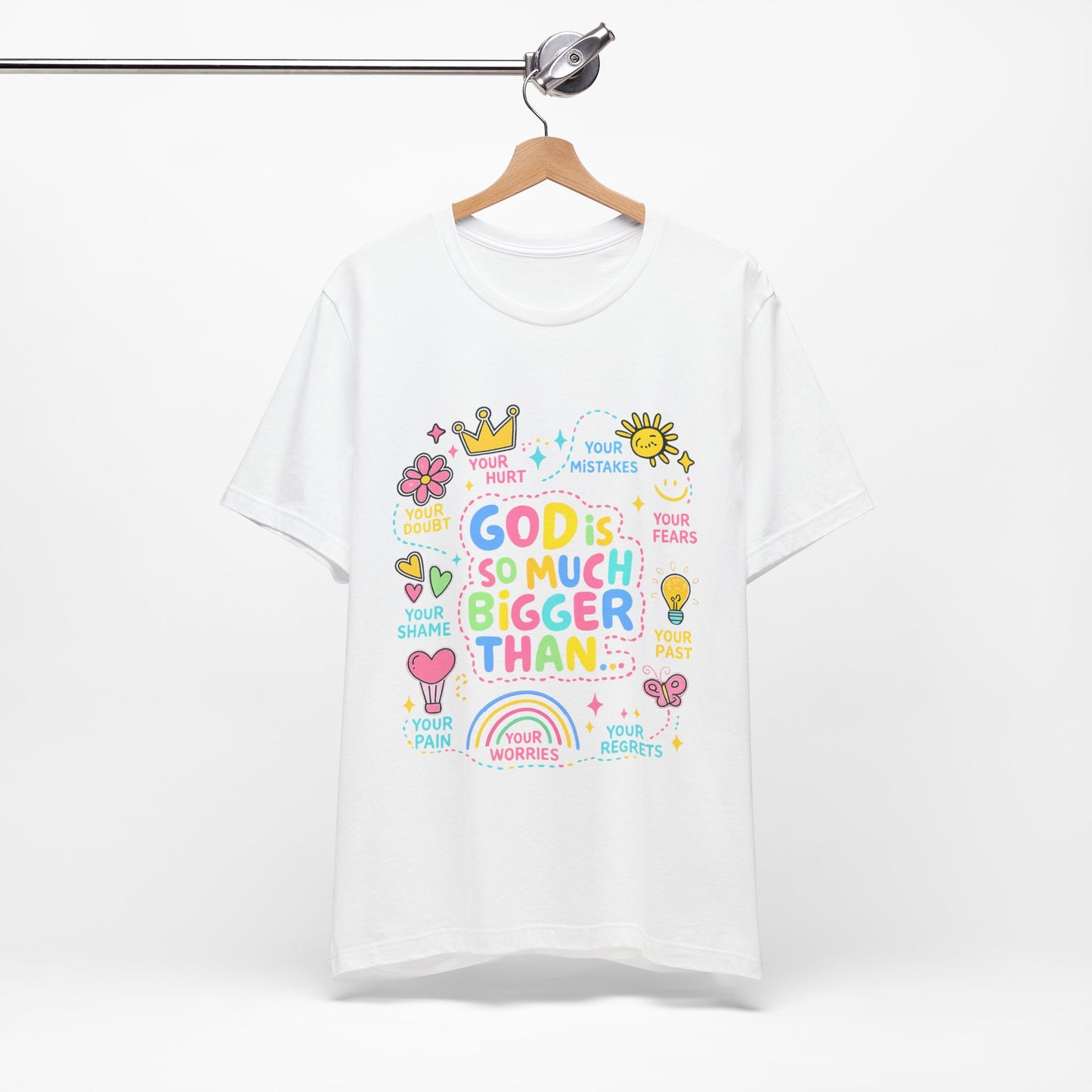 Christian T‑Shirt — "God Is So Much Bigger Than..." Pastel Faith Tee