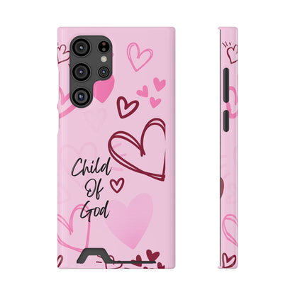 Pink "Child of God" Phone Card Case — Heart Pattern Religious Phone Case with Card Holder