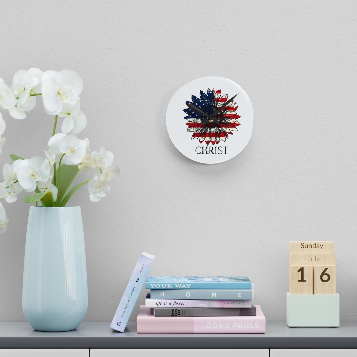 Patriotic Sunflower "Christ" Acrylic Wall Clock — American Flag Floral Christian Home Decor