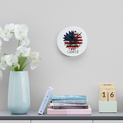 Patriotic Sunflower "Christ" Acrylic Wall Clock — American Flag Floral Christian Home Decor