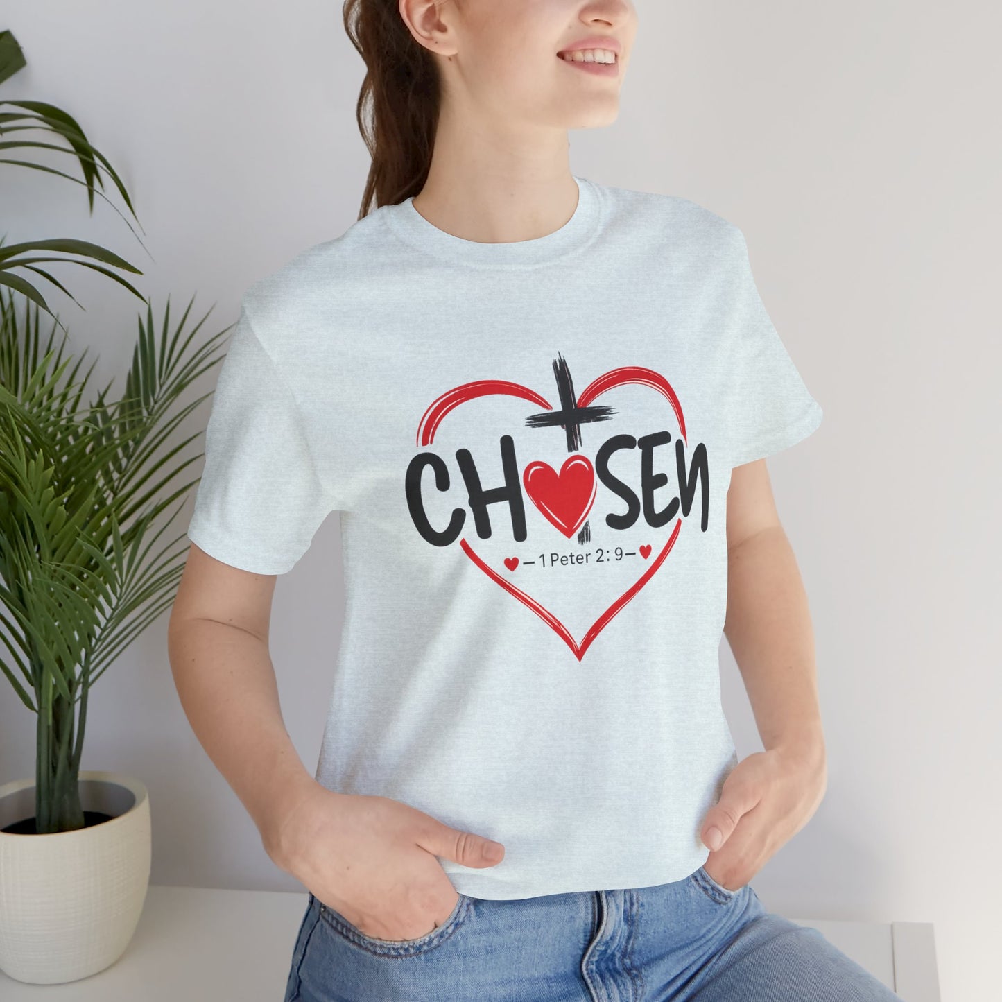 Chosen Heart Christian T-Shirt — "Chosen" with Cross & 1 Peter 2:9 Faith Tee