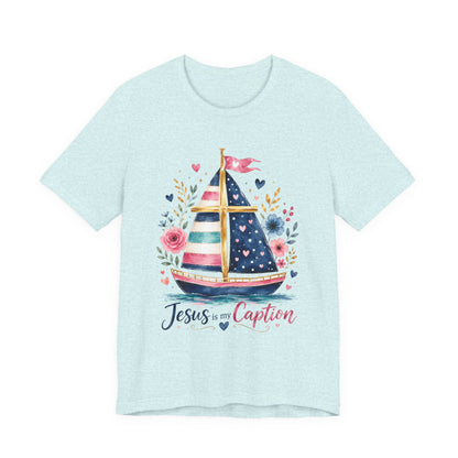 Jesus Is My Caption Sailboat T-Shirt — Floral Patriotic Christian Tee