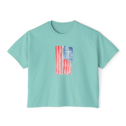 Blessed Tee — Women’s Boxy Christian T-Shirt with Flag Cross (Psalm 33:12)