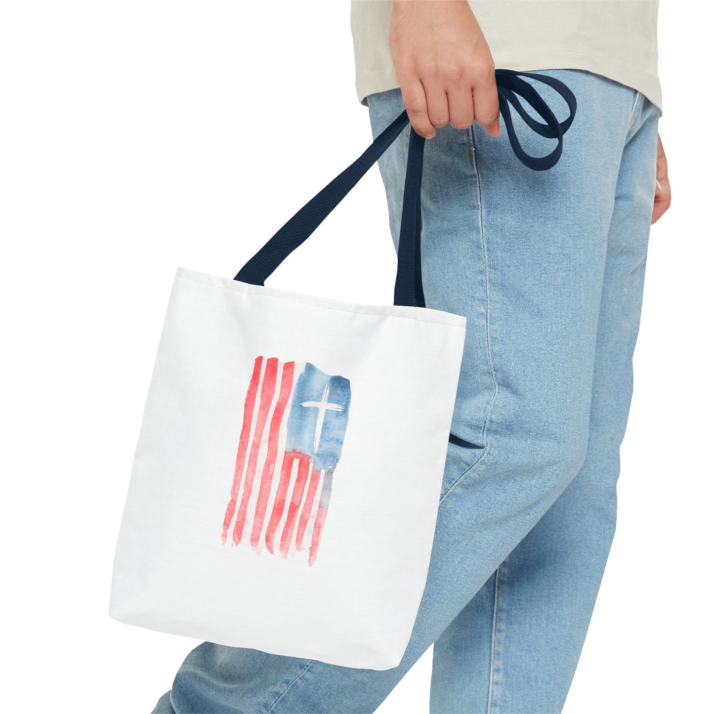 Patriotic Faith Tote Bag — Watercolor Flag with Cross & "Blessed By the Lord" Scripture