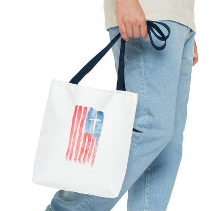 Patriotic Faith Tote Bag — Watercolor Flag with Cross & "Blessed By the Lord" Scripture