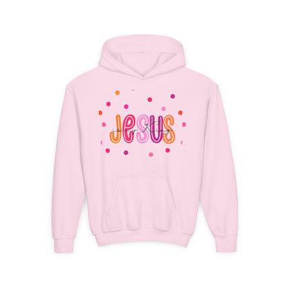 Youth Hoodie — “Jesus” Colorful Polka Dot Christian Pullover