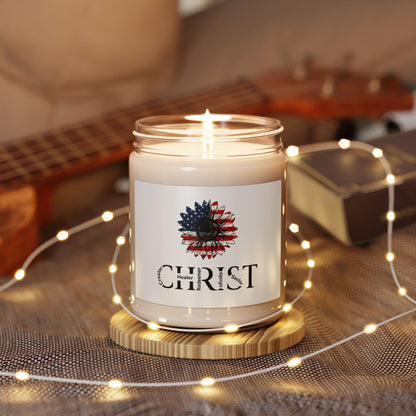Christ Sunflower Soy Candle — Patriotic American Flag Floral Scented Candle (9oz)