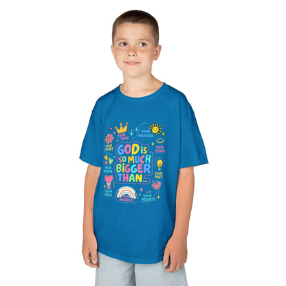 UNISEX Kids Tee — "God Is So Much Bigger Than" Colorful Faith Graphic