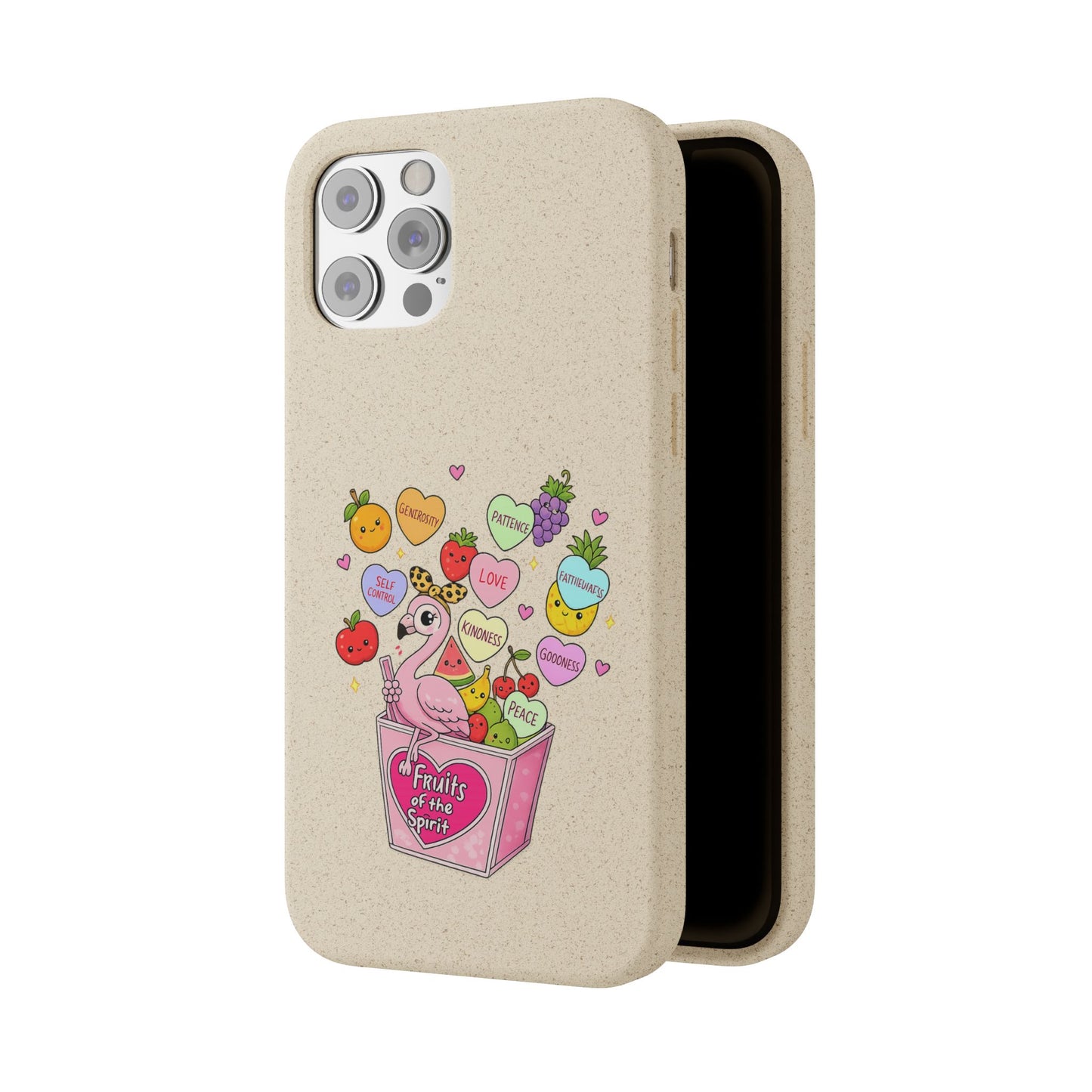 Biodegradable Phone Case — Cute Flamingo & Fruit Hearts "Fruity Love" Eco-Friendly iPhone Cover