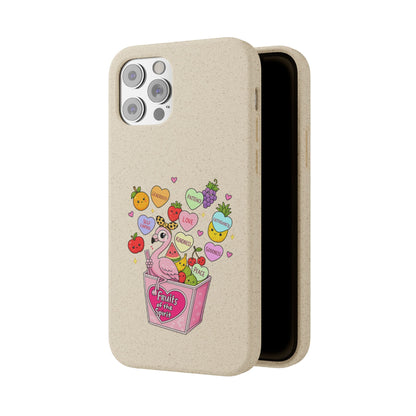 Biodegradable Phone Case — Cute Flamingo & Fruit Hearts "Fruity Love" Eco-Friendly iPhone Cover
