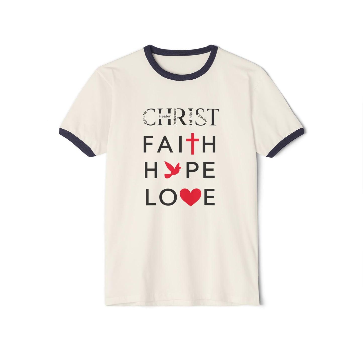 Christian Ringer T-Shirt — 'CHRIST' Front / 'JESUS' Back Religious Tee